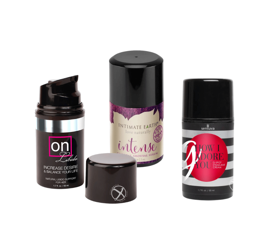 three sexual enhancement products on a white background