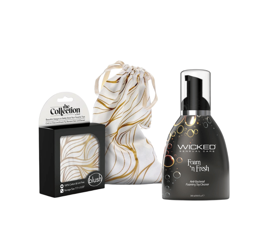 Collection of personal care products including a bottle labeled 'Wicked', a drawstring bag, and a box with 'Blush' branding on a white background.