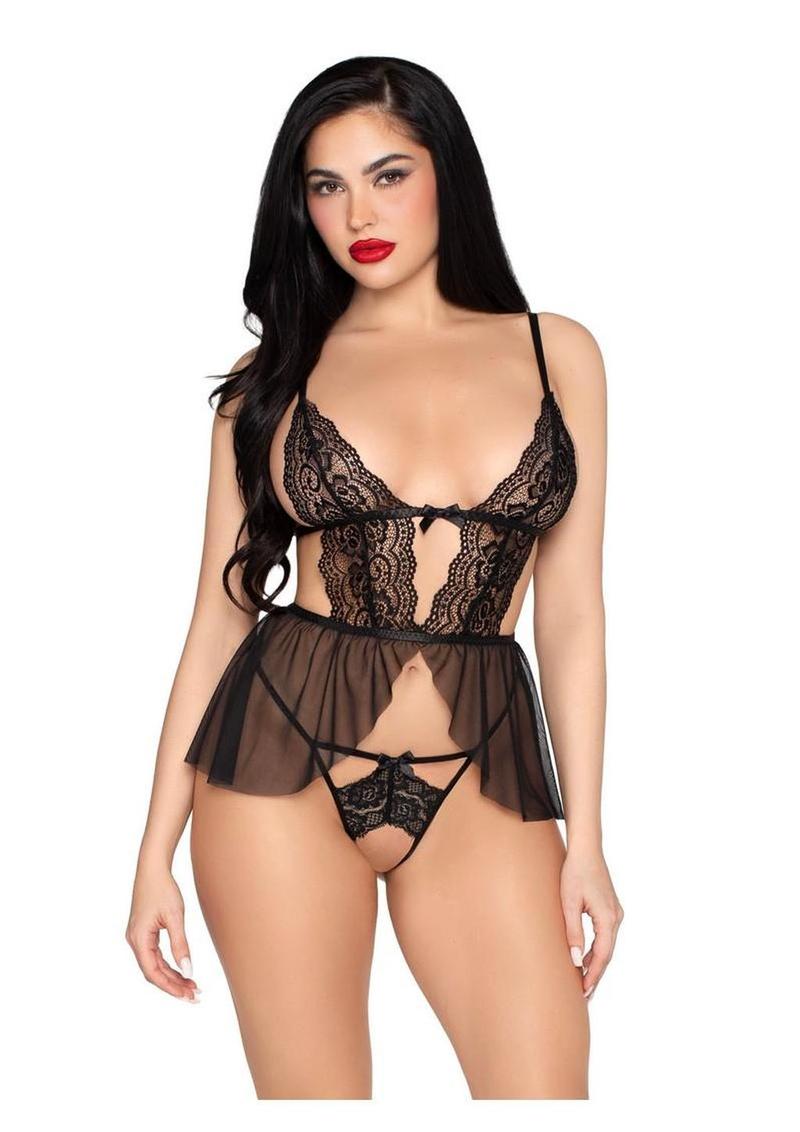Leg Avenue Scalloped Lace and Mesh Babydoll and Matching Crotchless Panty - Black - Large - 2 Piece